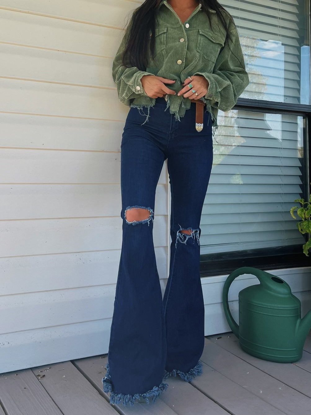 Farrah Denim Distressed High Waisted Flares - Dark Wash