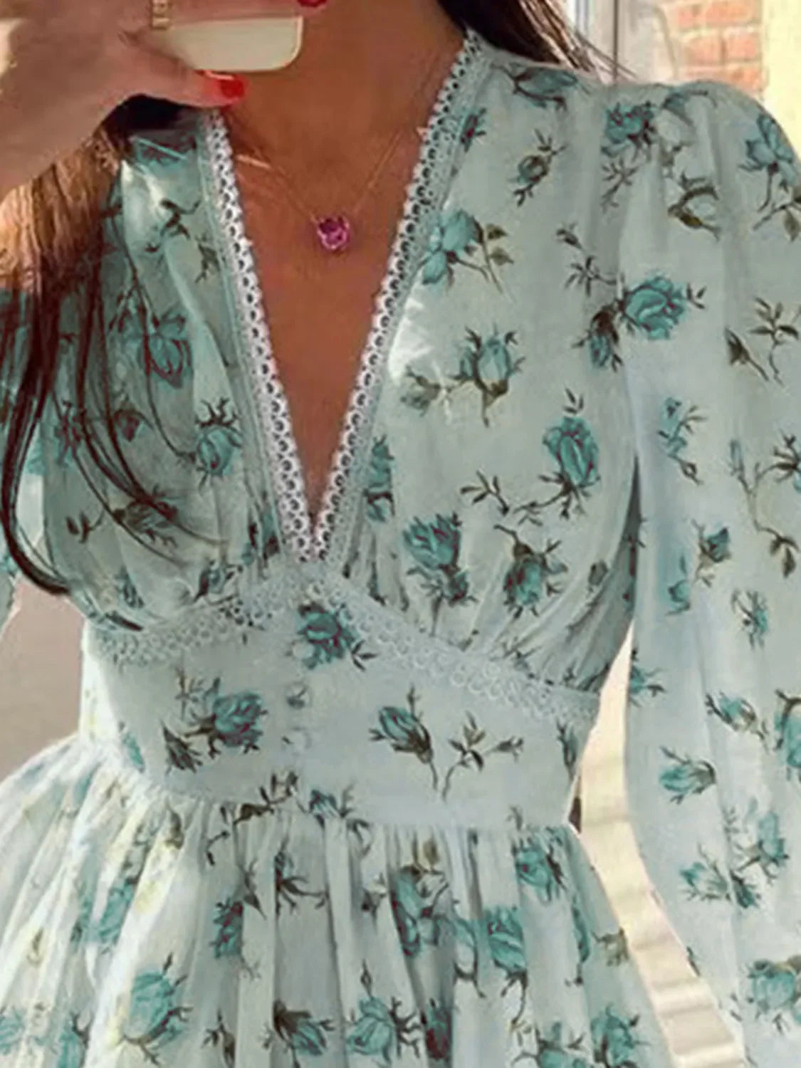 PREORDER: Sarina Lace Detail V-Neck Balloon Sleeve Dress
