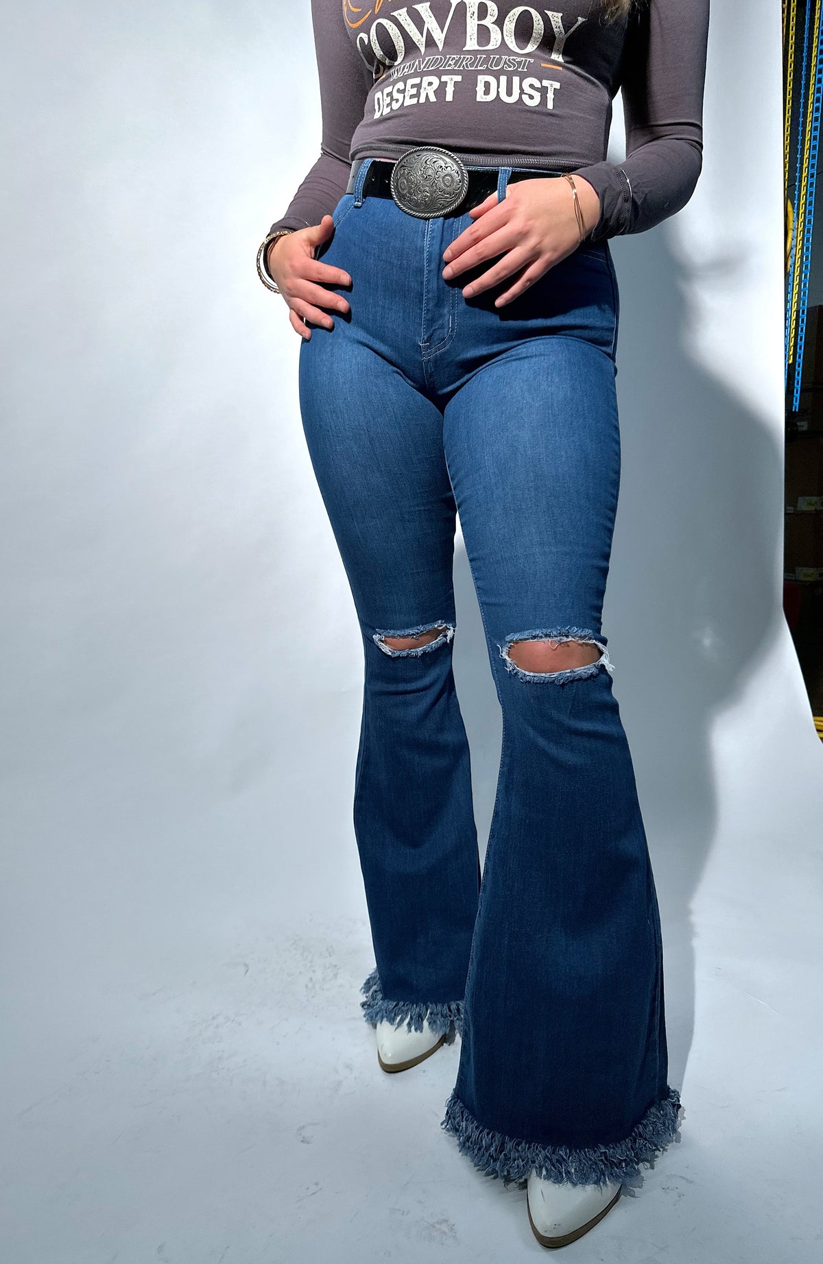 Farrah Denim Distressed High Waisted Flares - Medium Wash