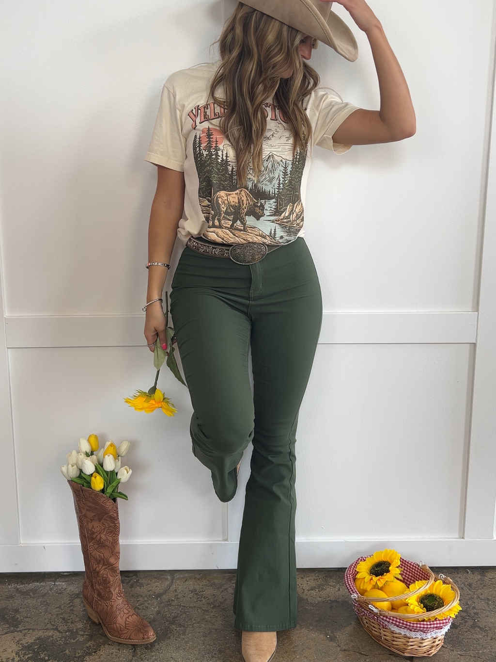 Fiona High Waisted Bell Bottom Flare Jeans - Olive