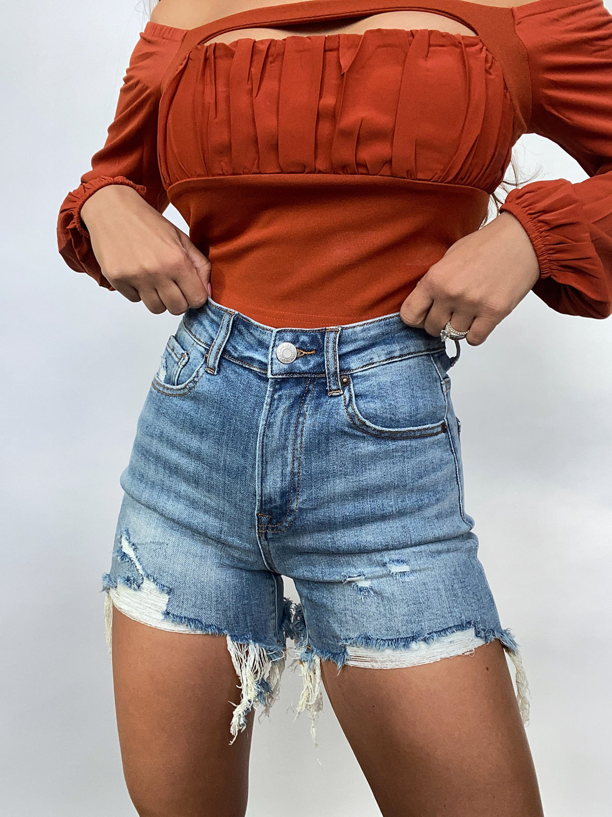 On The Go Distressed Shorts- Medium Wash