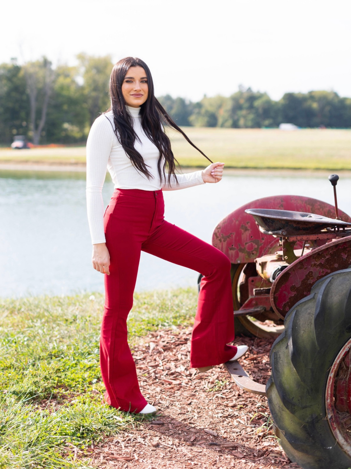 Fiona High Waisted Bell Bottom Flare Jeans - Red