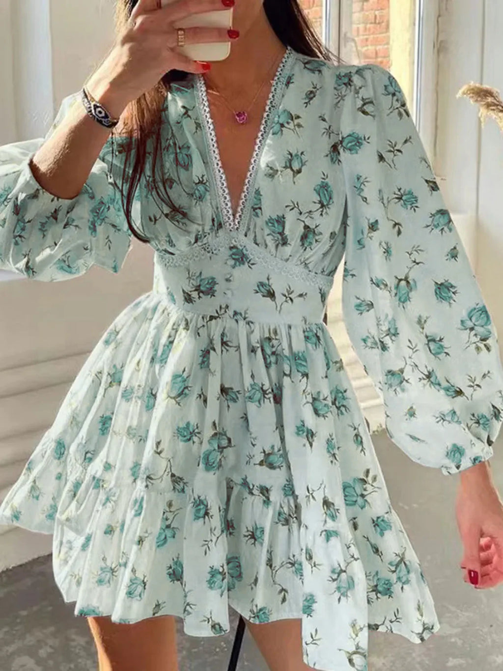 PREORDER: Sarina Lace Detail V-Neck Balloon Sleeve Dress