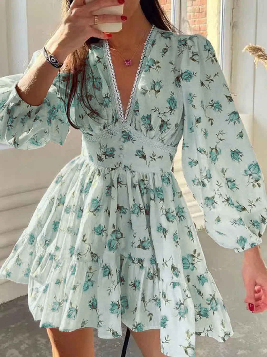 PREORDER: Sarina Lace Detail V-Neck Balloon Sleeve Dress