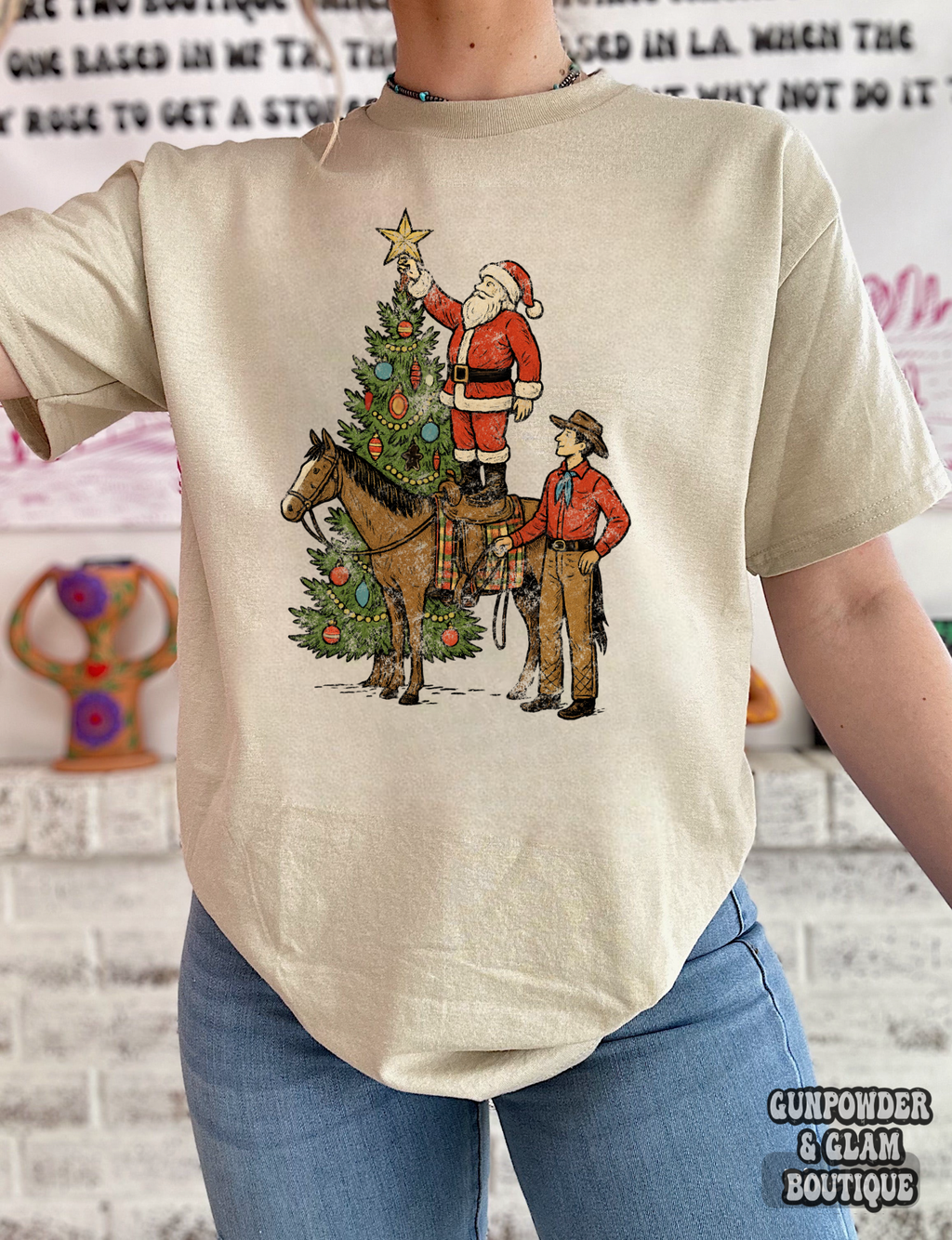 Vintage Christmas Cowboy Tee or Crewneck