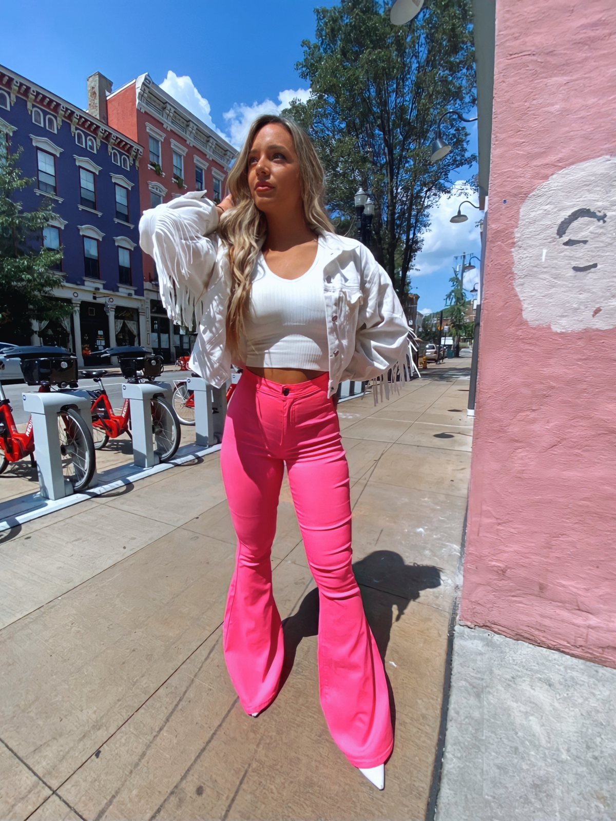 Fiona High Waisted Bell Bottom Flare Jeans - Pink