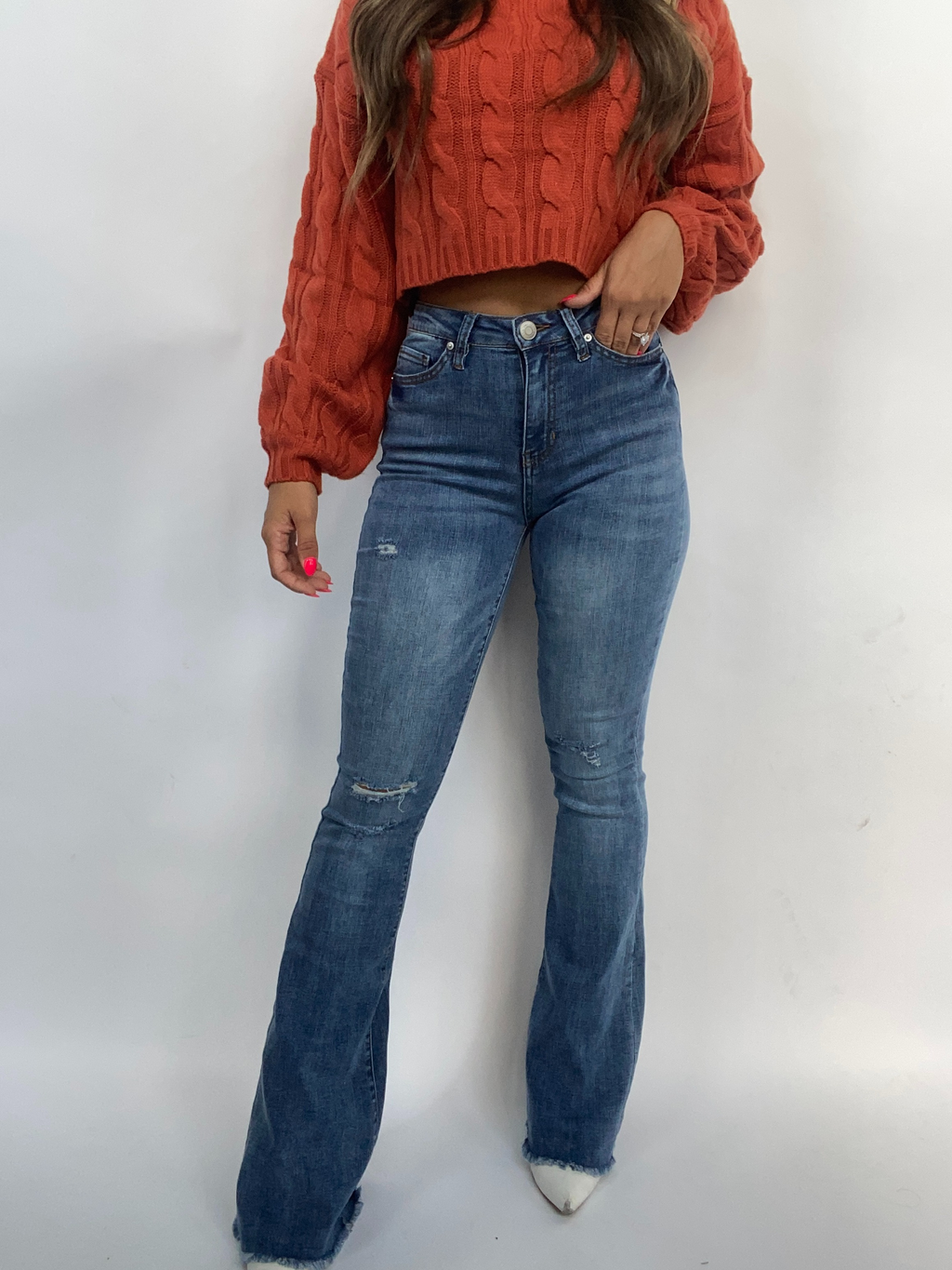 Sarah Distressed Medium Wash Flares