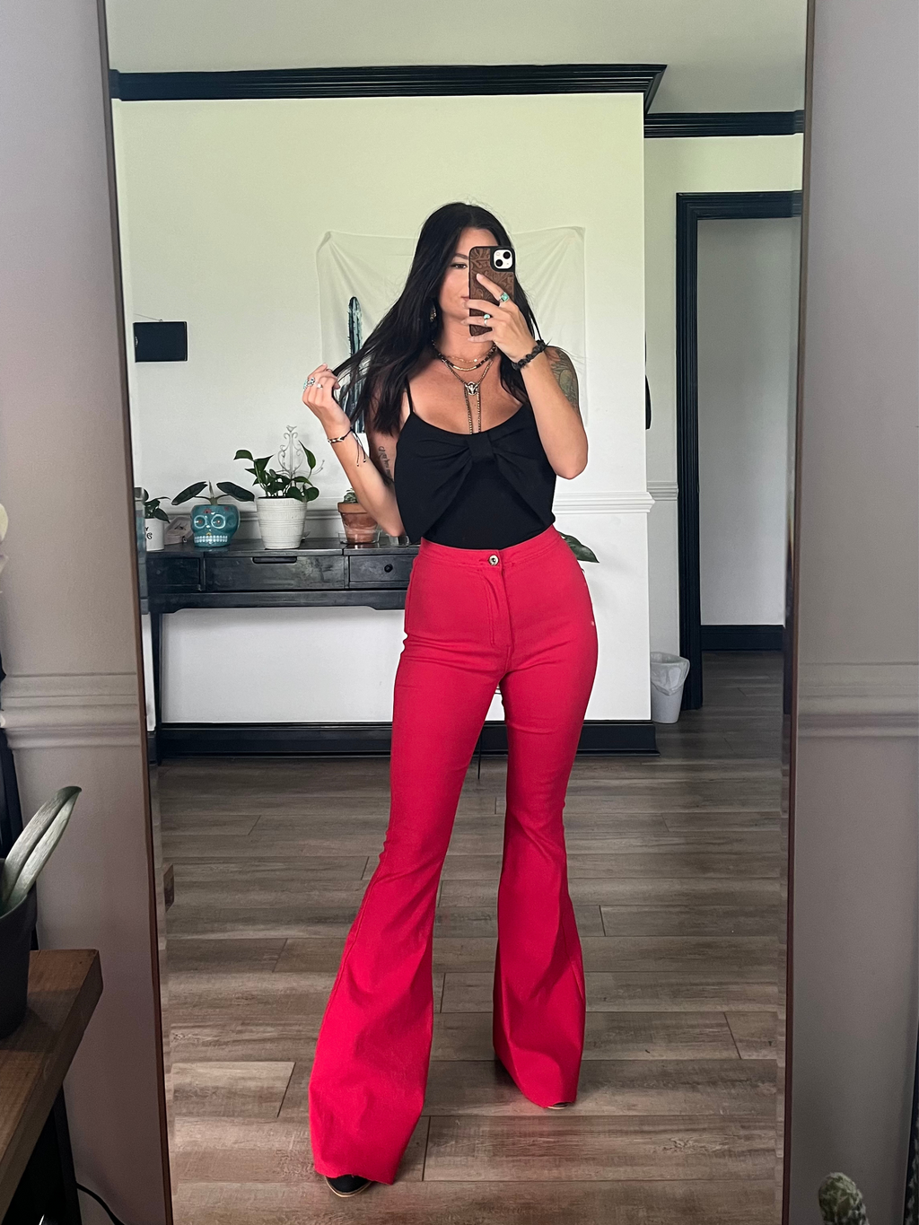 Fiona High Waisted Bell Bottom Flare Jeans - Red