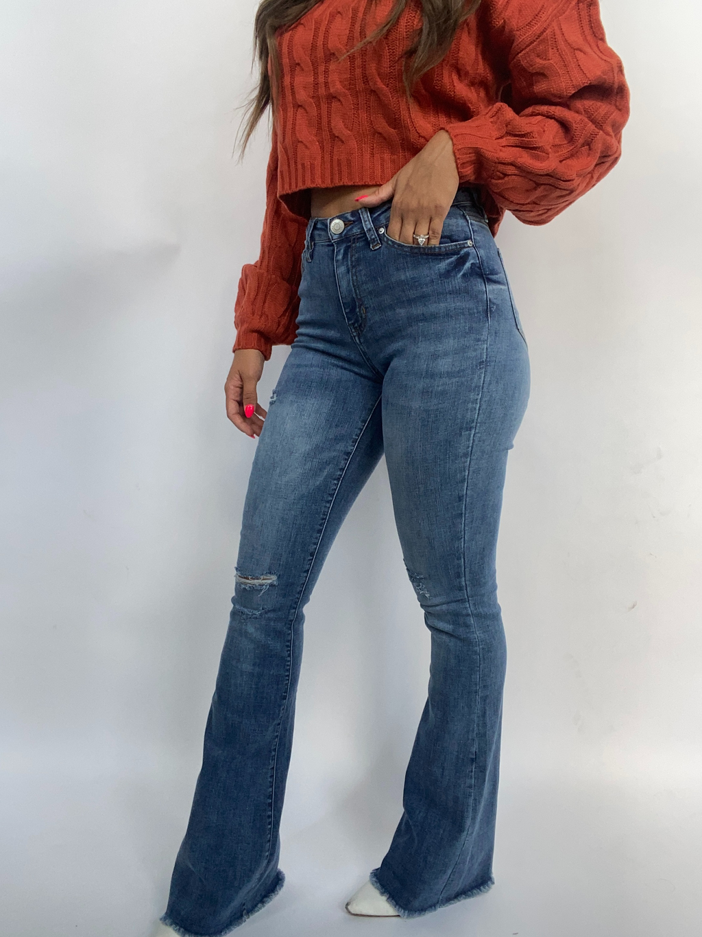 Sarah Distressed Medium Wash Flares