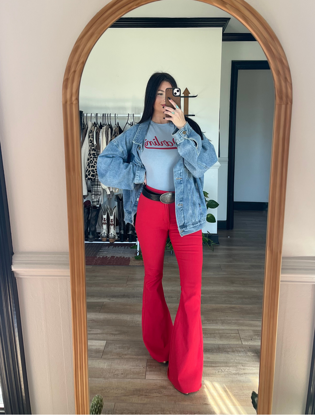 Fiona High Waisted Bell Bottom Flare Jeans - Red