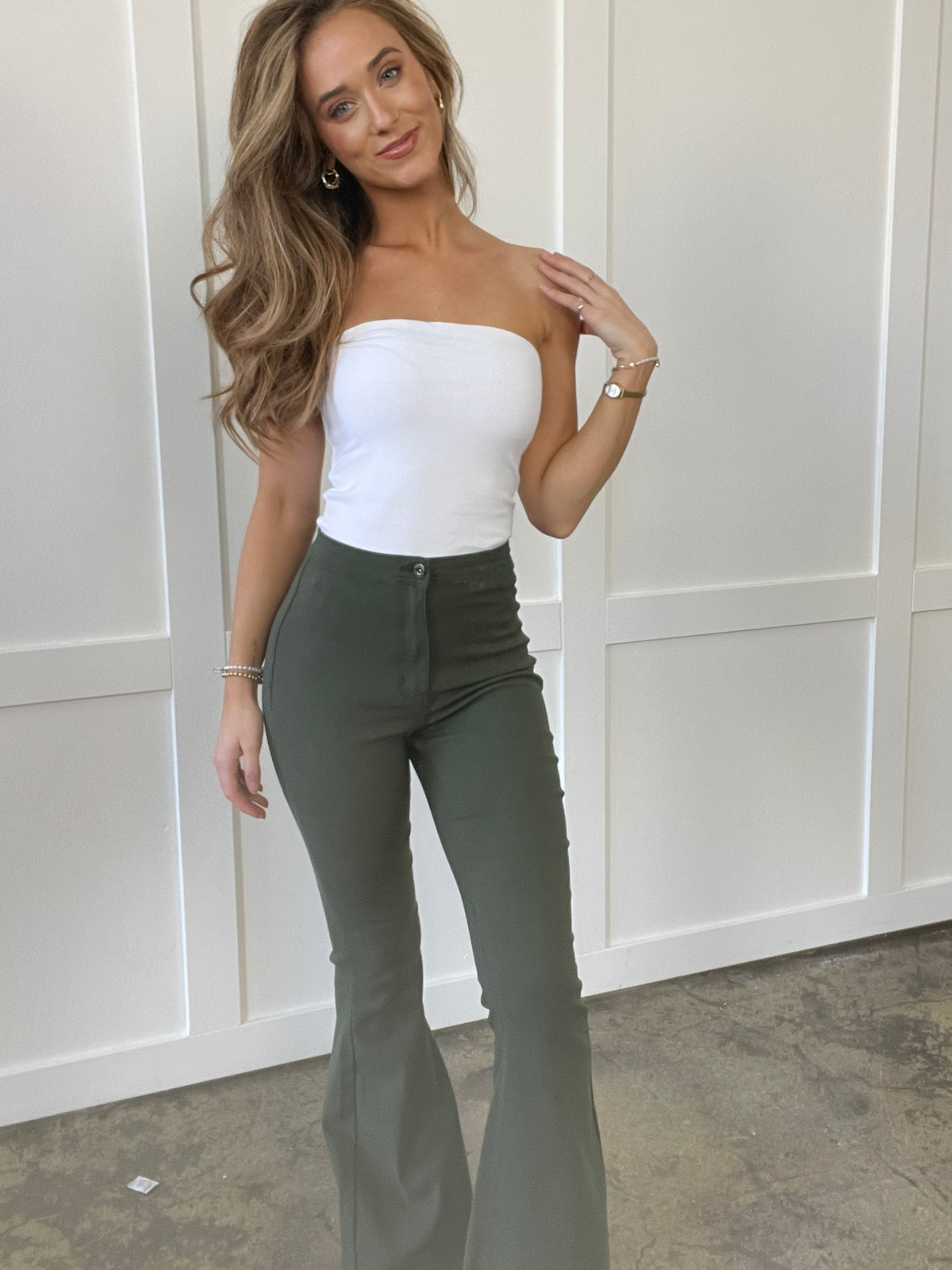 Fiona High Waisted Bell Bottom Flare Jeans - Olive