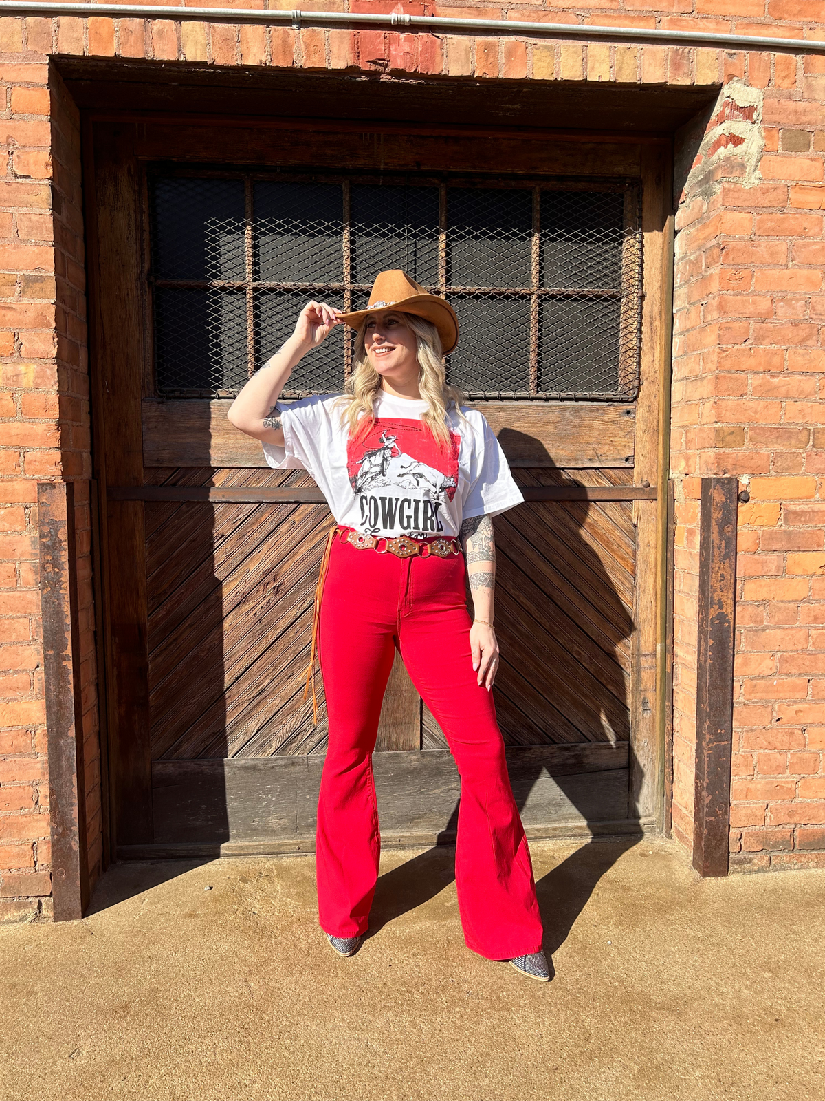 Fiona High Waisted Bell Bottom Flare Jeans - Red