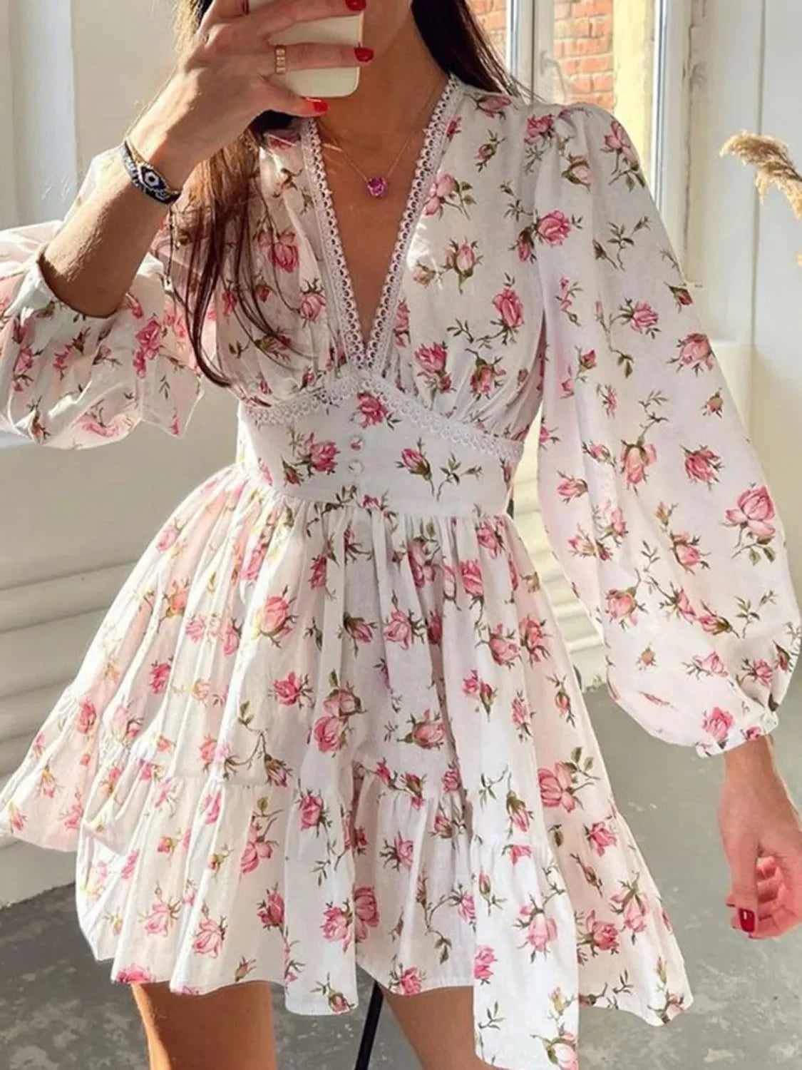 PREORDER: Sarina Lace Detail V-Neck Balloon Sleeve Dress