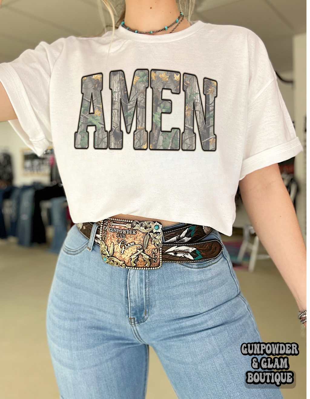 Camo Amen Tee or Crewneck