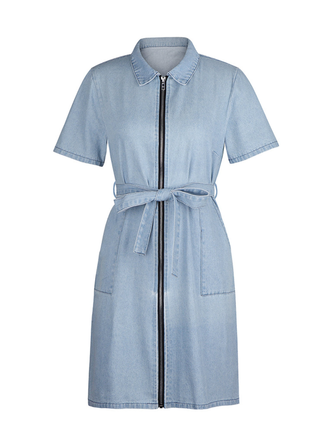 PREORDER: Fia Full Size Zip Front Short Sleeve Denim Dress Plus Size