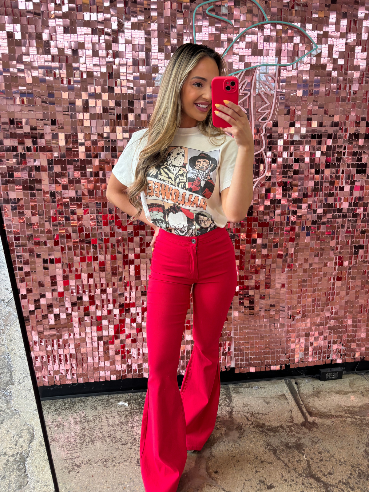 Fiona High Waisted Bell Bottom Flare Jeans - Red