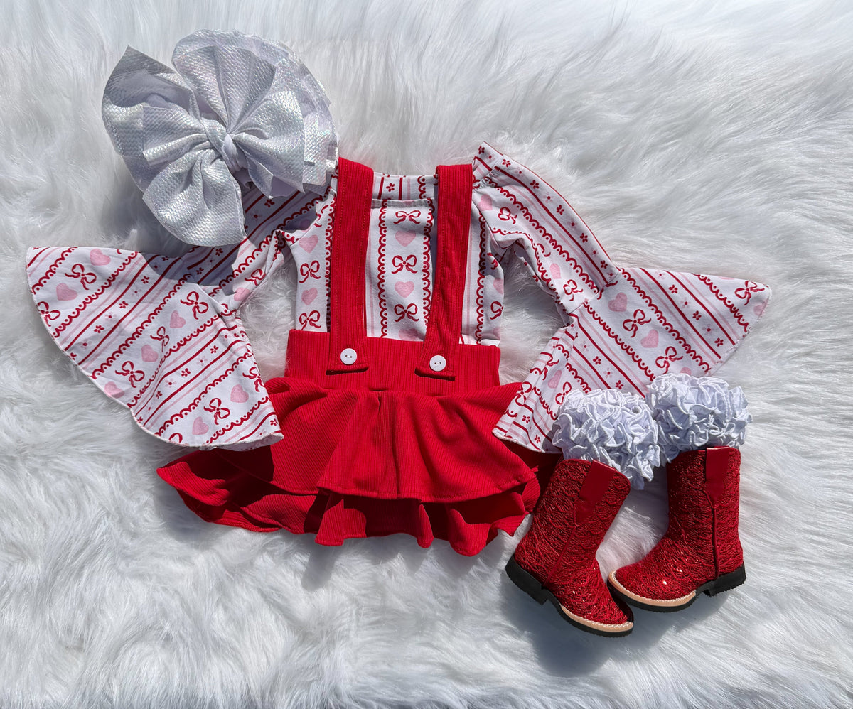 Red suspender skirt
