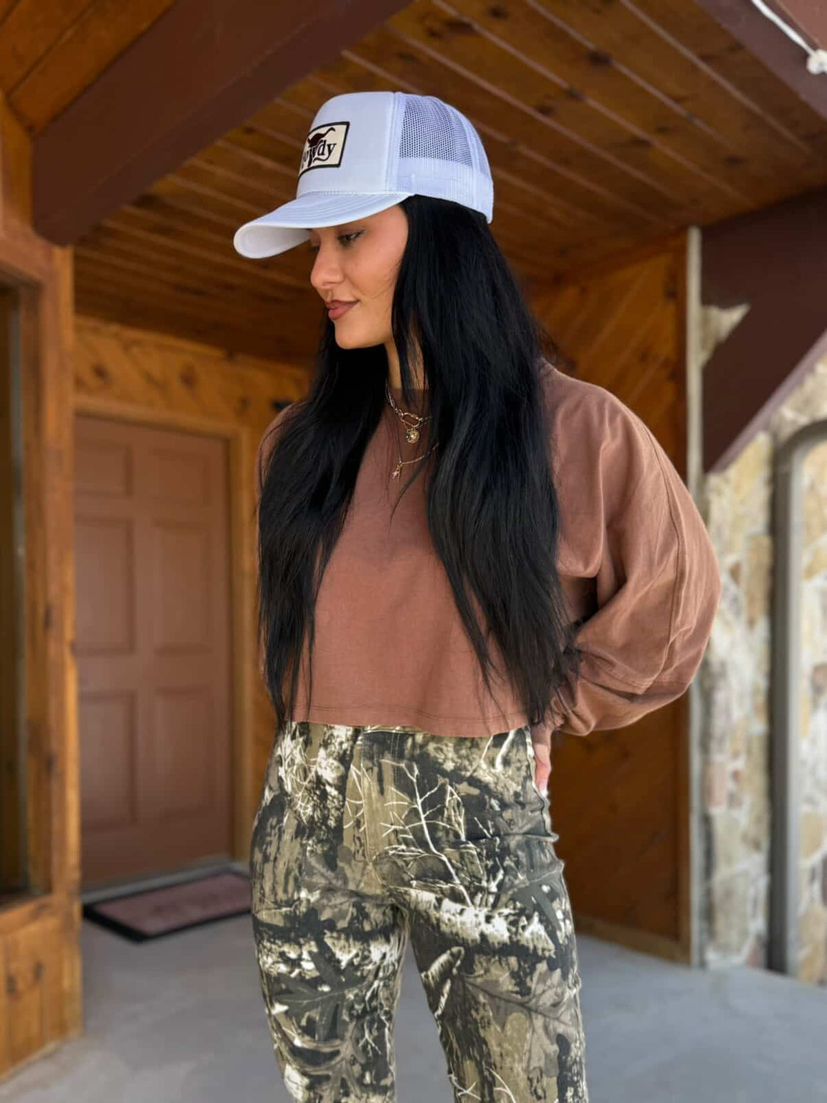Fiona High Waisted Bell Bottom Flare Jeans - Moss Brown Camo