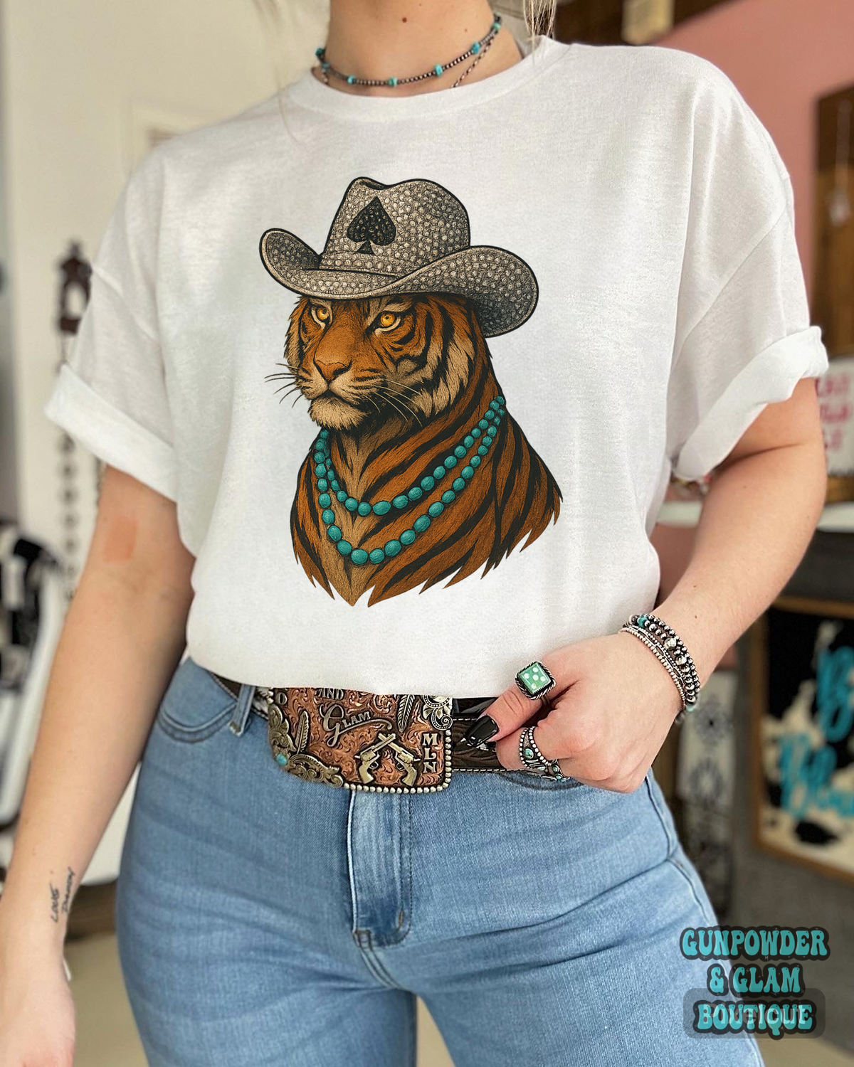 Tiger Cowboy Tee or Crewneck