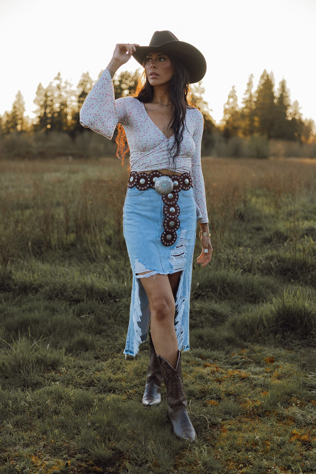 Harper Heavily Distressed Denim Maxi Skirt