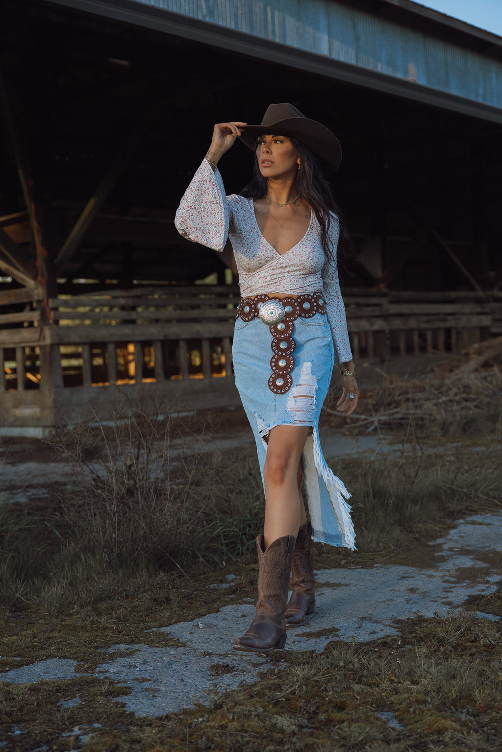 Harper Heavily Distressed Denim Maxi Skirt