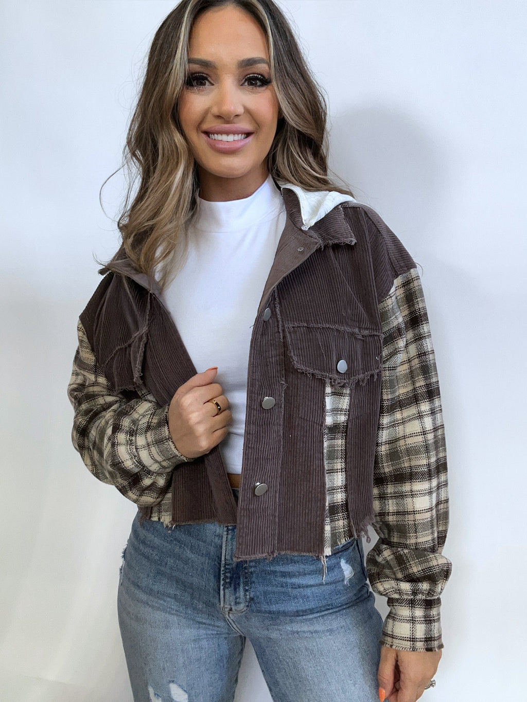 Fall Leaves Plaid Cropped Shacket