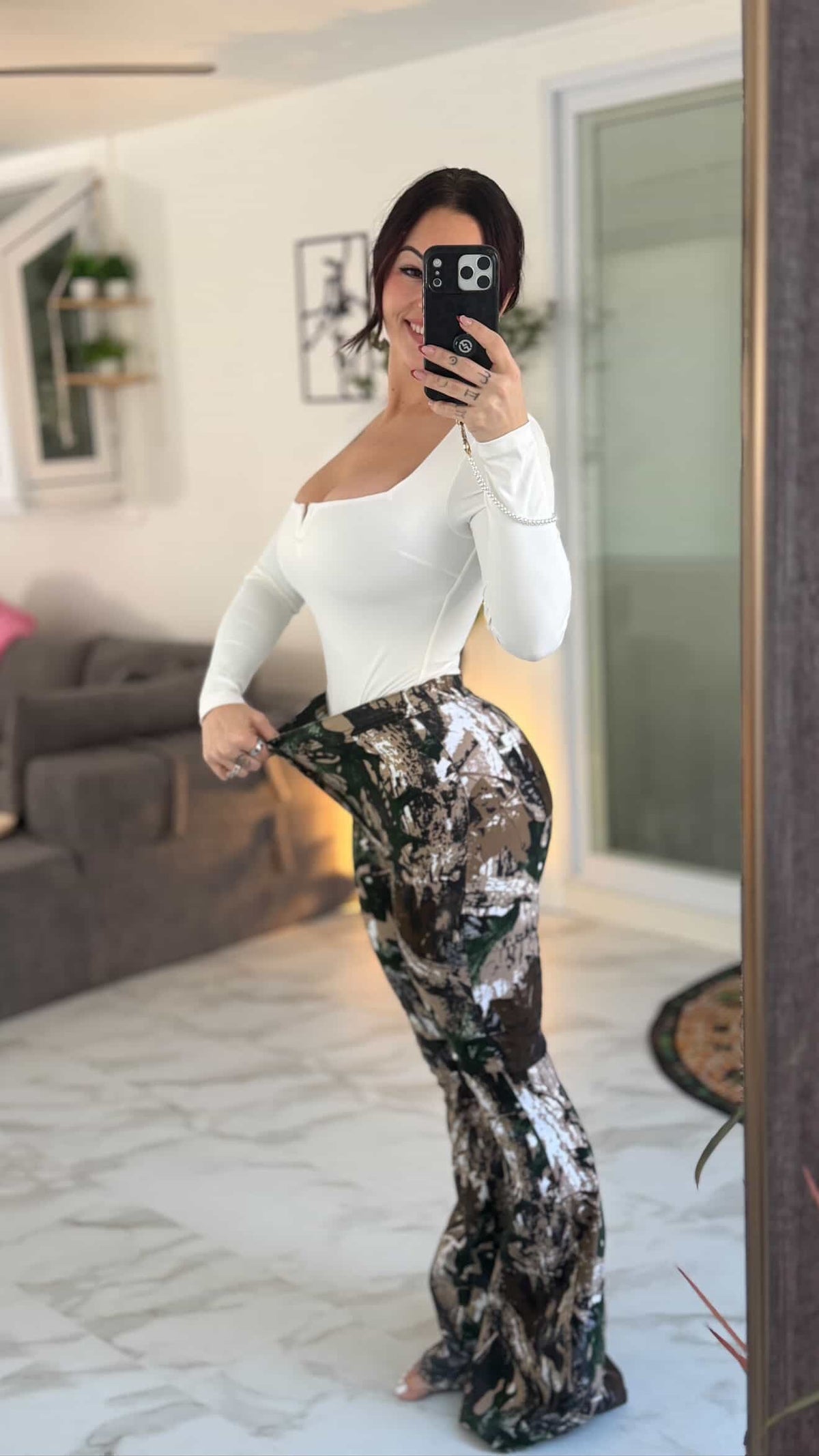 Fiona High Waisted Bell Bottom Flare Jeans - Woodland Green Camo