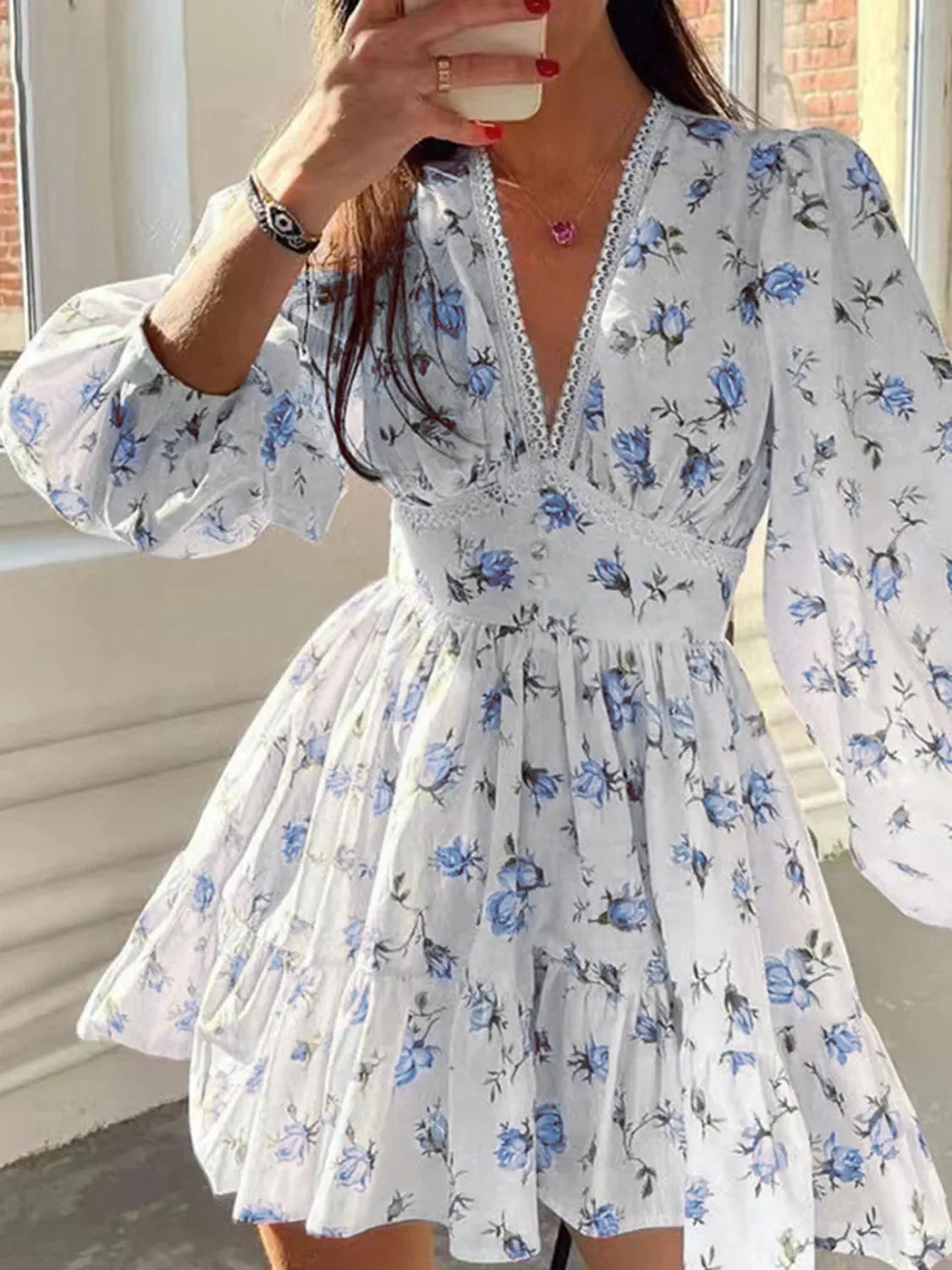 PREORDER: Sarina Lace Detail V-Neck Balloon Sleeve Dress