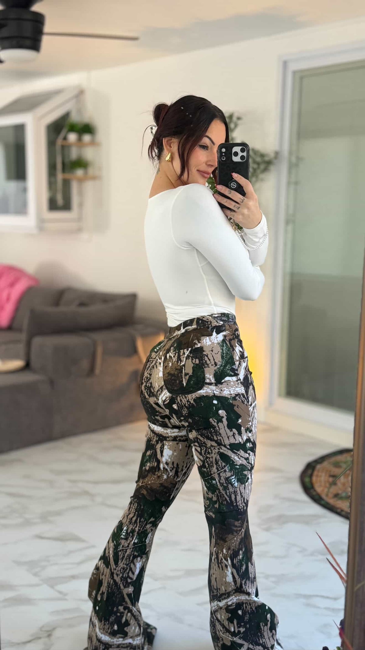 Fiona High Waisted Bell Bottom Flare Jeans - Woodland Green Camo
