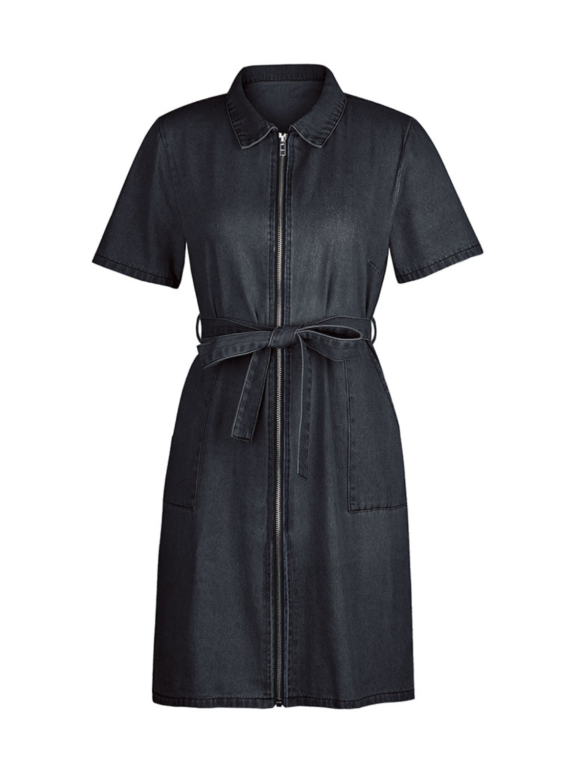 PREORDER: Fia Full Size Zip Front Short Sleeve Denim Dress Plus Size