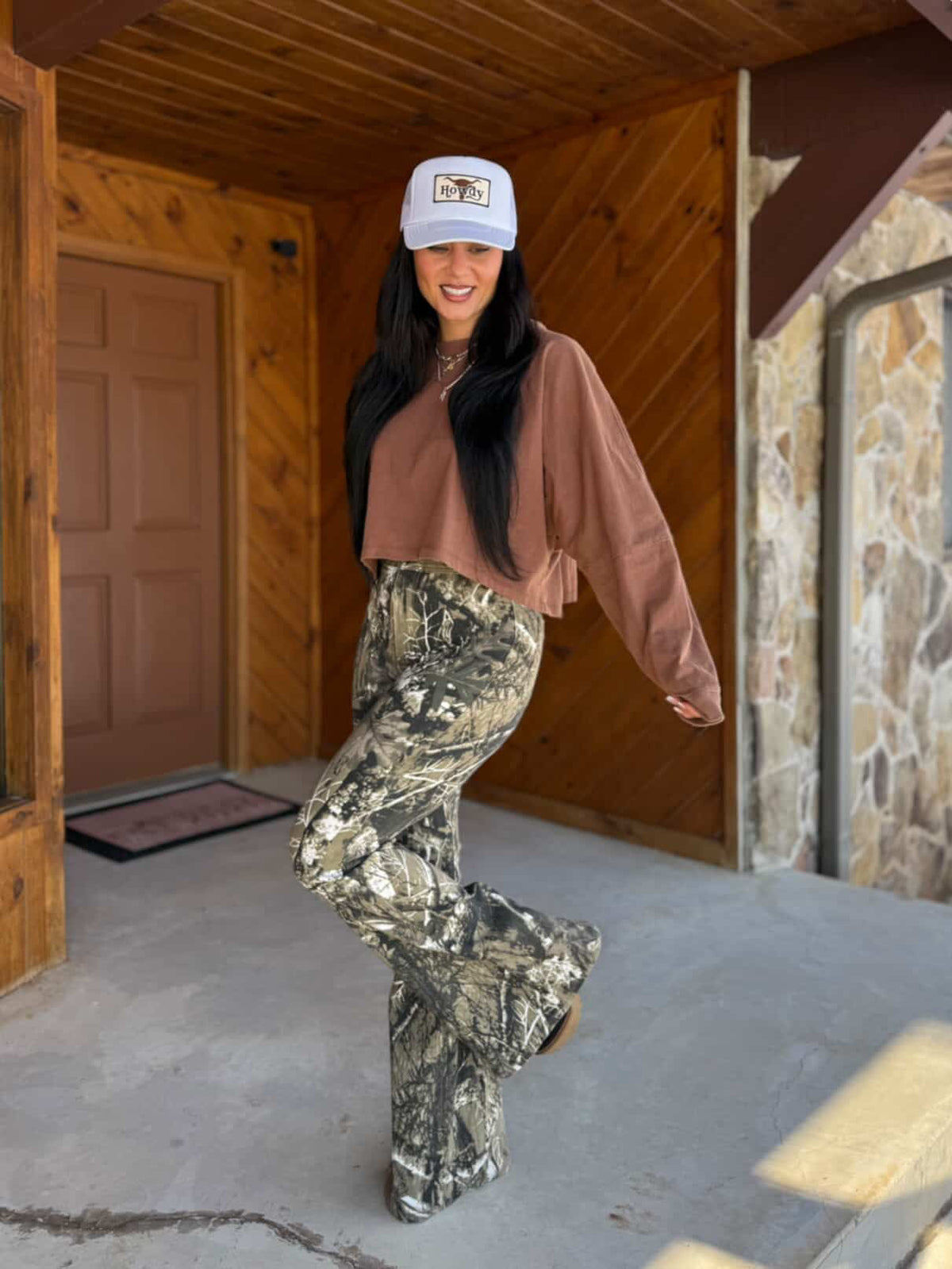 Fiona High Waisted Bell Bottom Flare Jeans - Moss Brown Camo