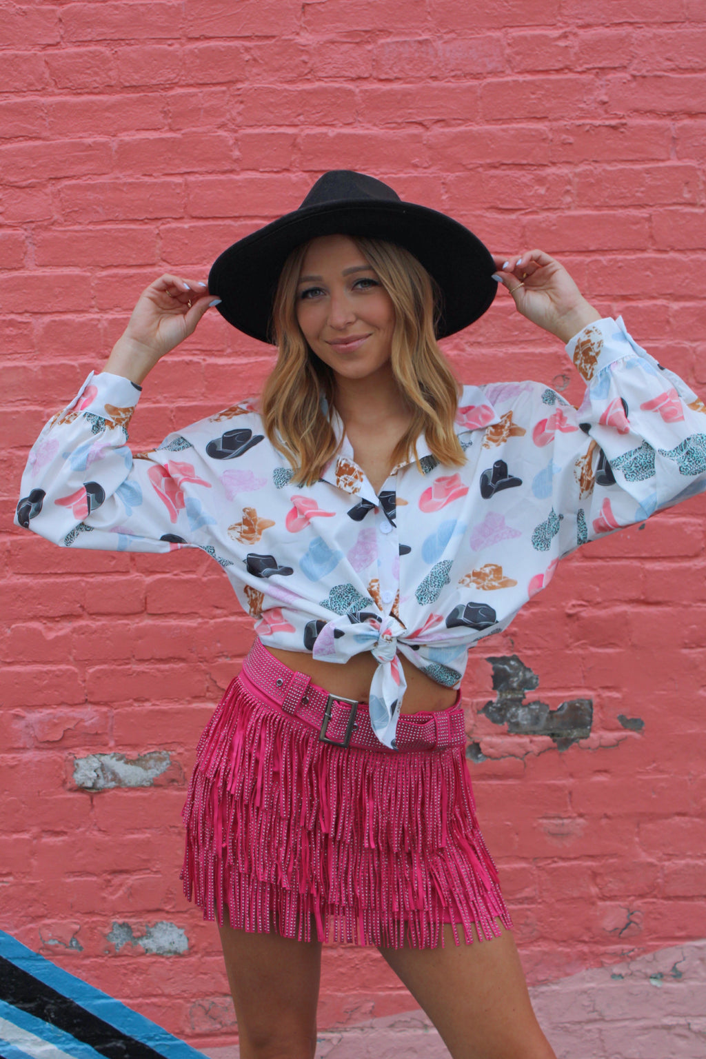 Nashville Babe Rhinestone Fringe Mini Skirt- Pink