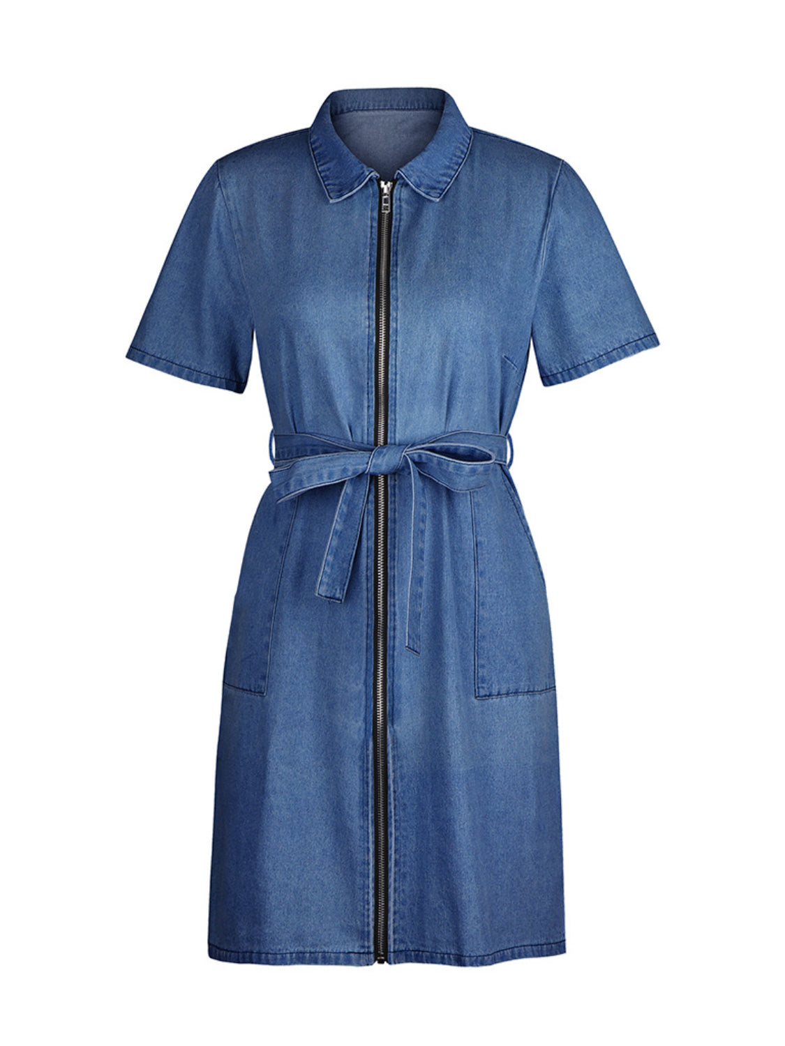PREORDER: Fia Full Size Zip Front Short Sleeve Denim Dress Plus Size