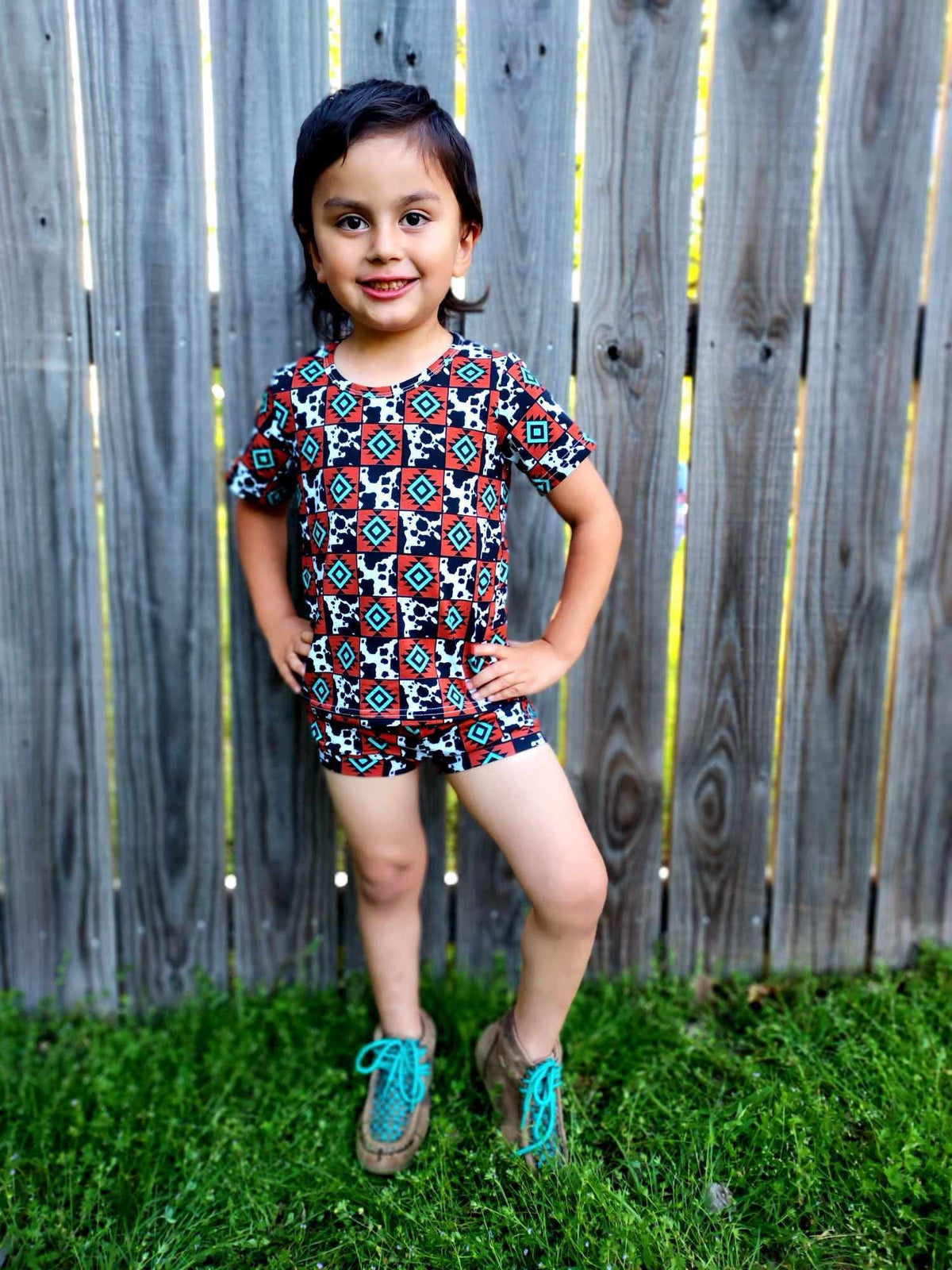 2T Cow & Aztec Checkered Short Set (FINAL SALE)