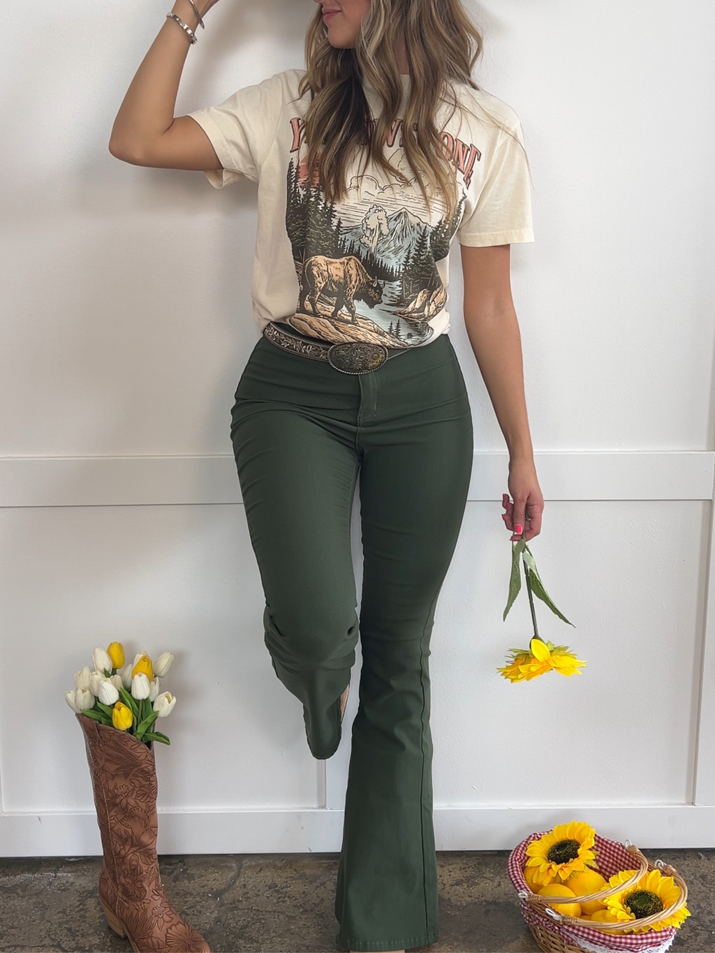 Fiona High Waisted Bell Bottom Flare Jeans - Olive