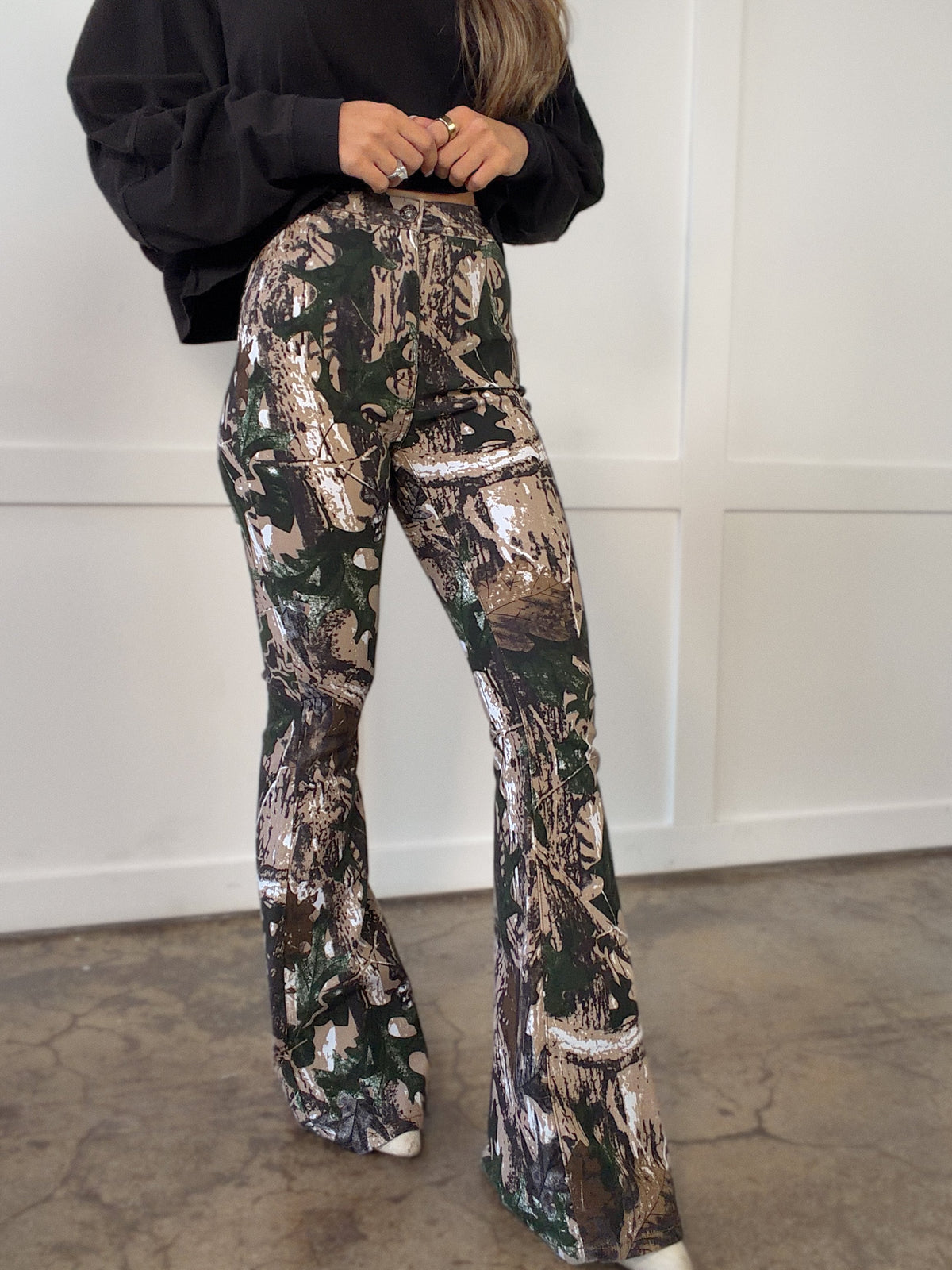 Fiona High Waisted Bell Bottom Flare Jeans - Woodland Green Camo