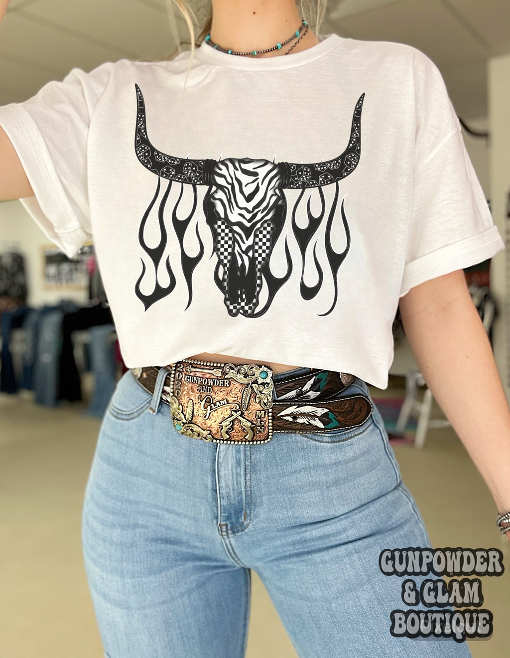 Zebra Bull Skull Tee or Crewneck