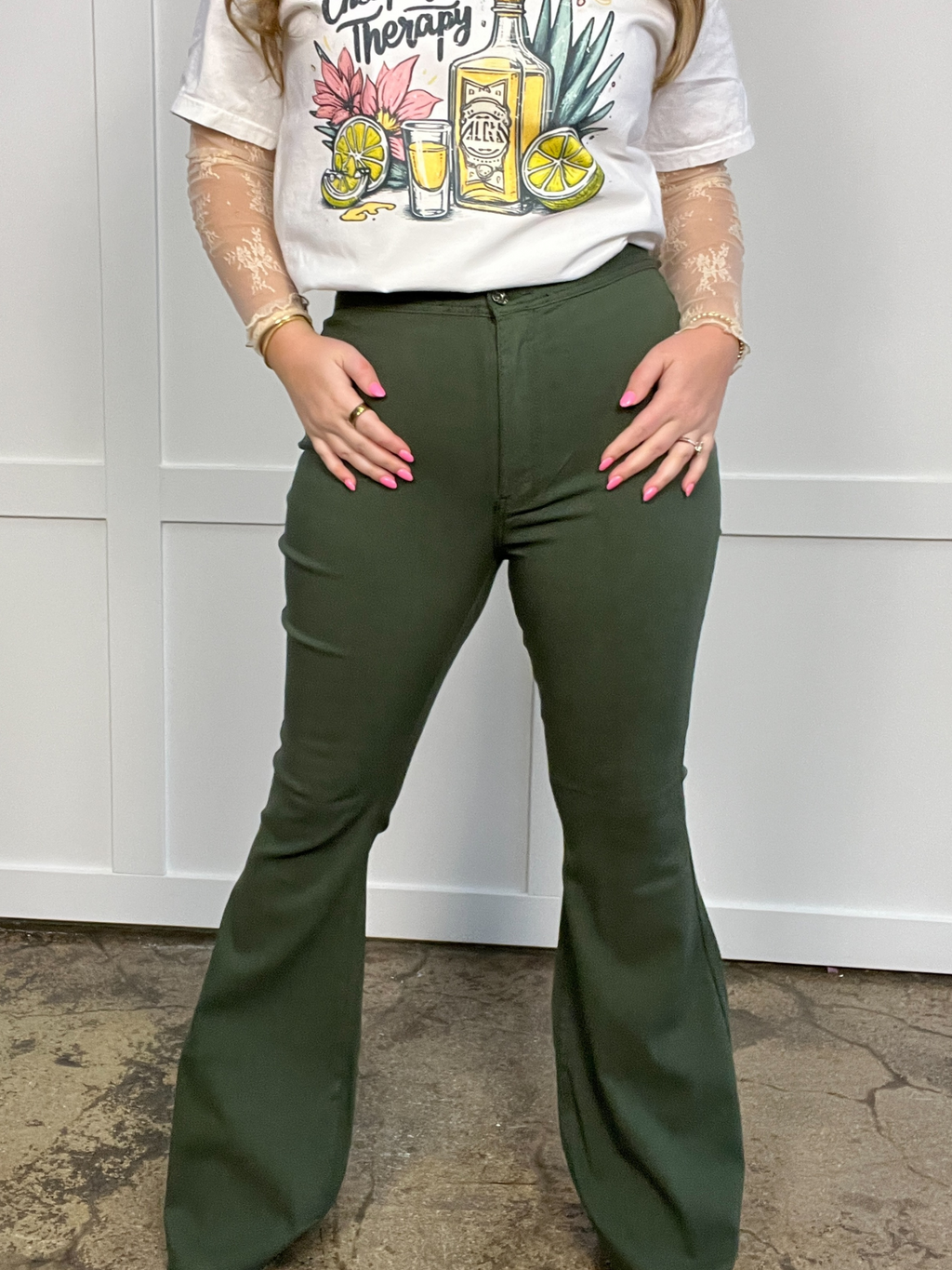 Fiona High Waisted Bell Bottom Flare Jeans - Olive