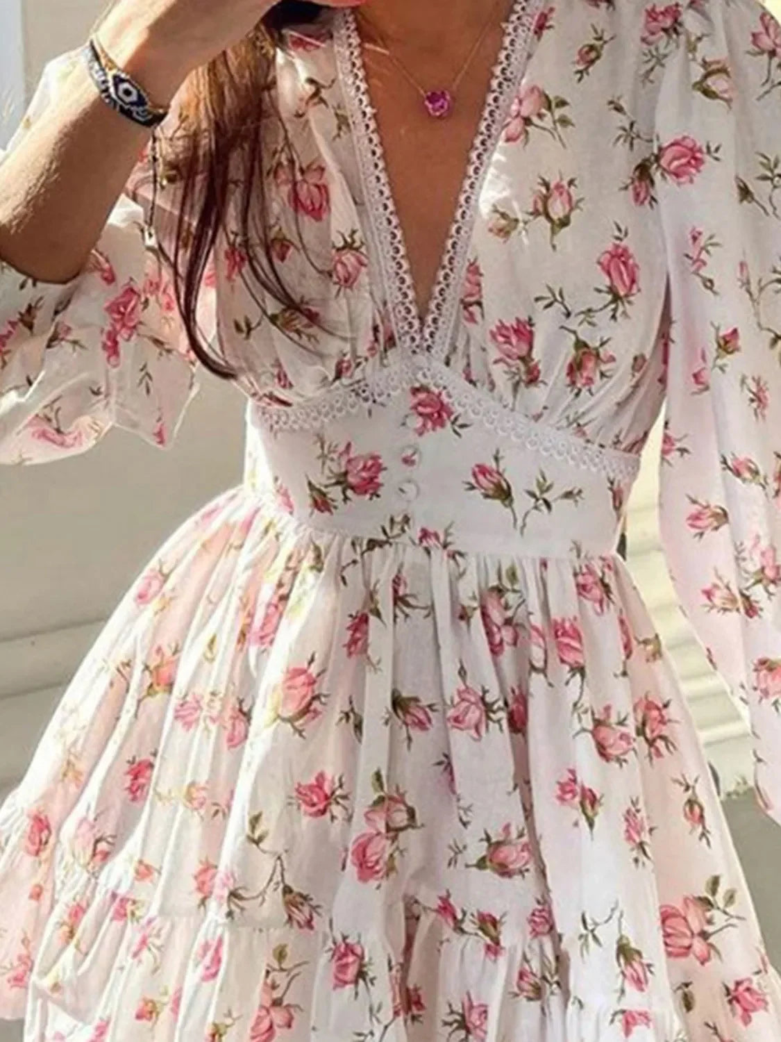 PREORDER: Sarina Lace Detail V-Neck Balloon Sleeve Dress