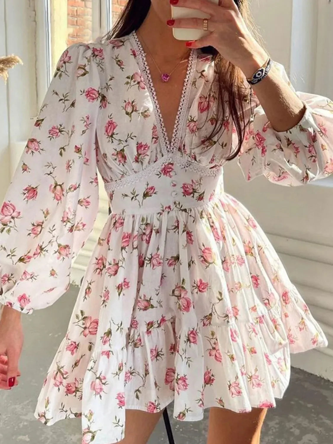 PREORDER: Sarina Lace Detail V-Neck Balloon Sleeve Dress