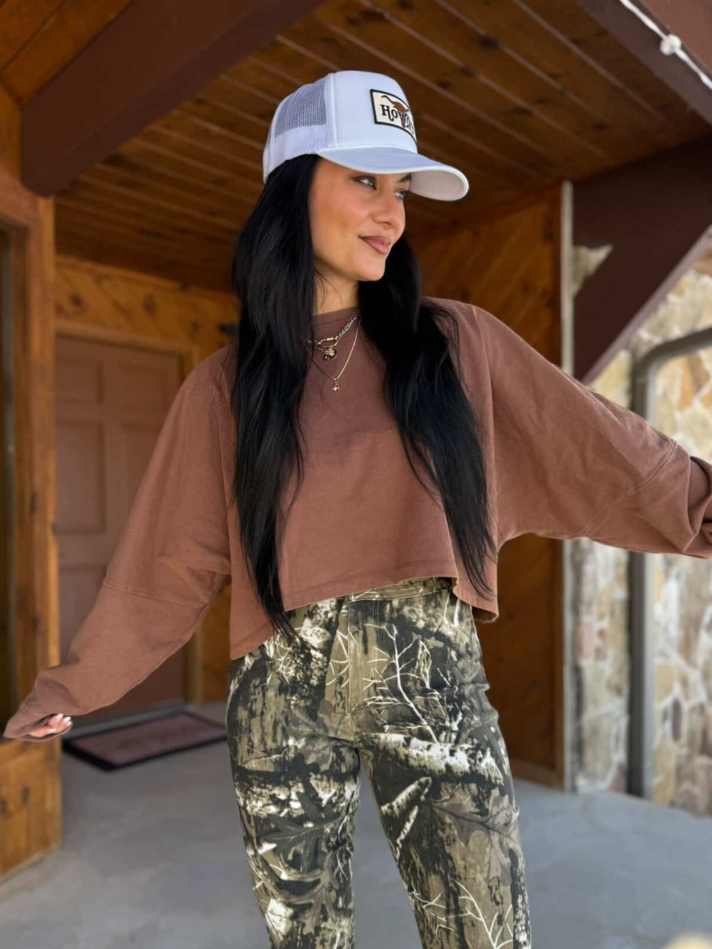 Fiona High Waisted Bell Bottom Flare Jeans - Moss Brown Camo