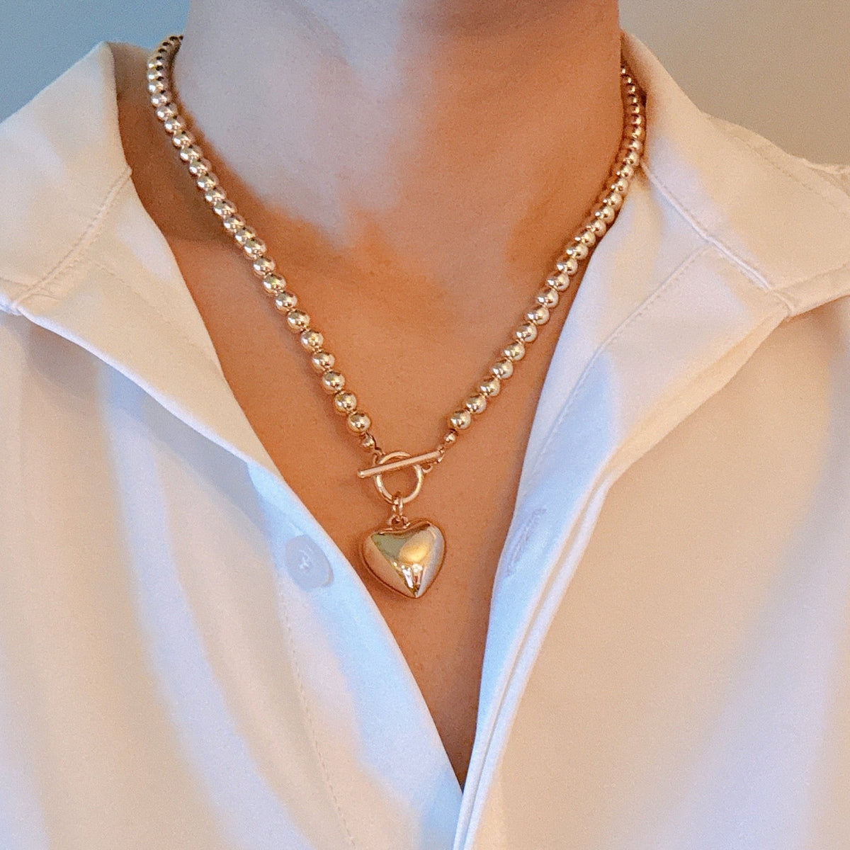 Ball Beads Dangle Heart Toggle Necklace