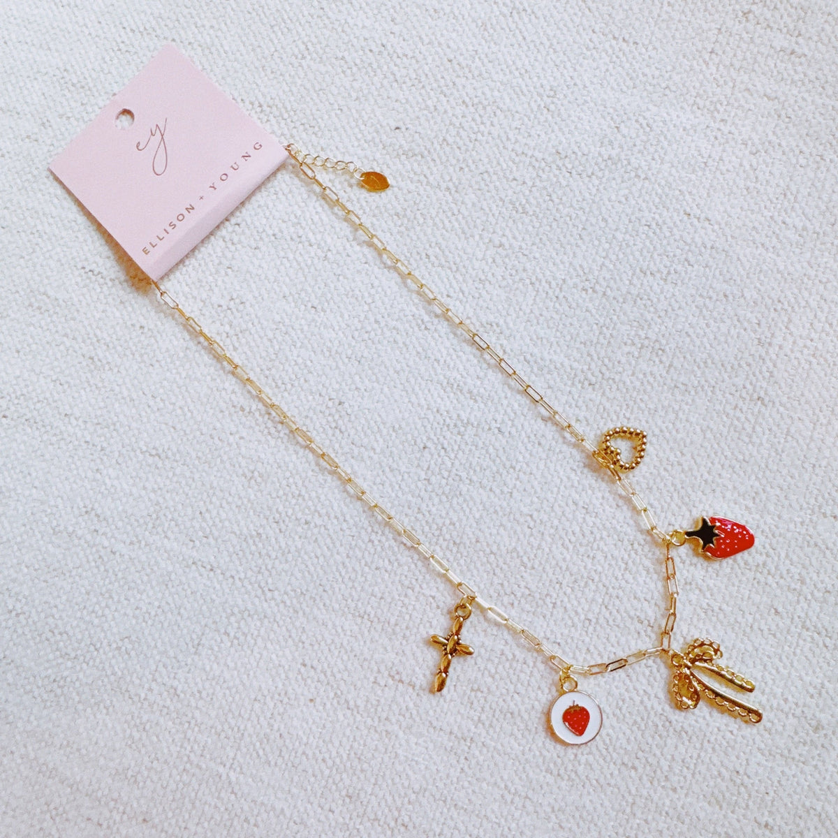 Berry Cute Charm Necklace – Strawberry, Bow & Heart