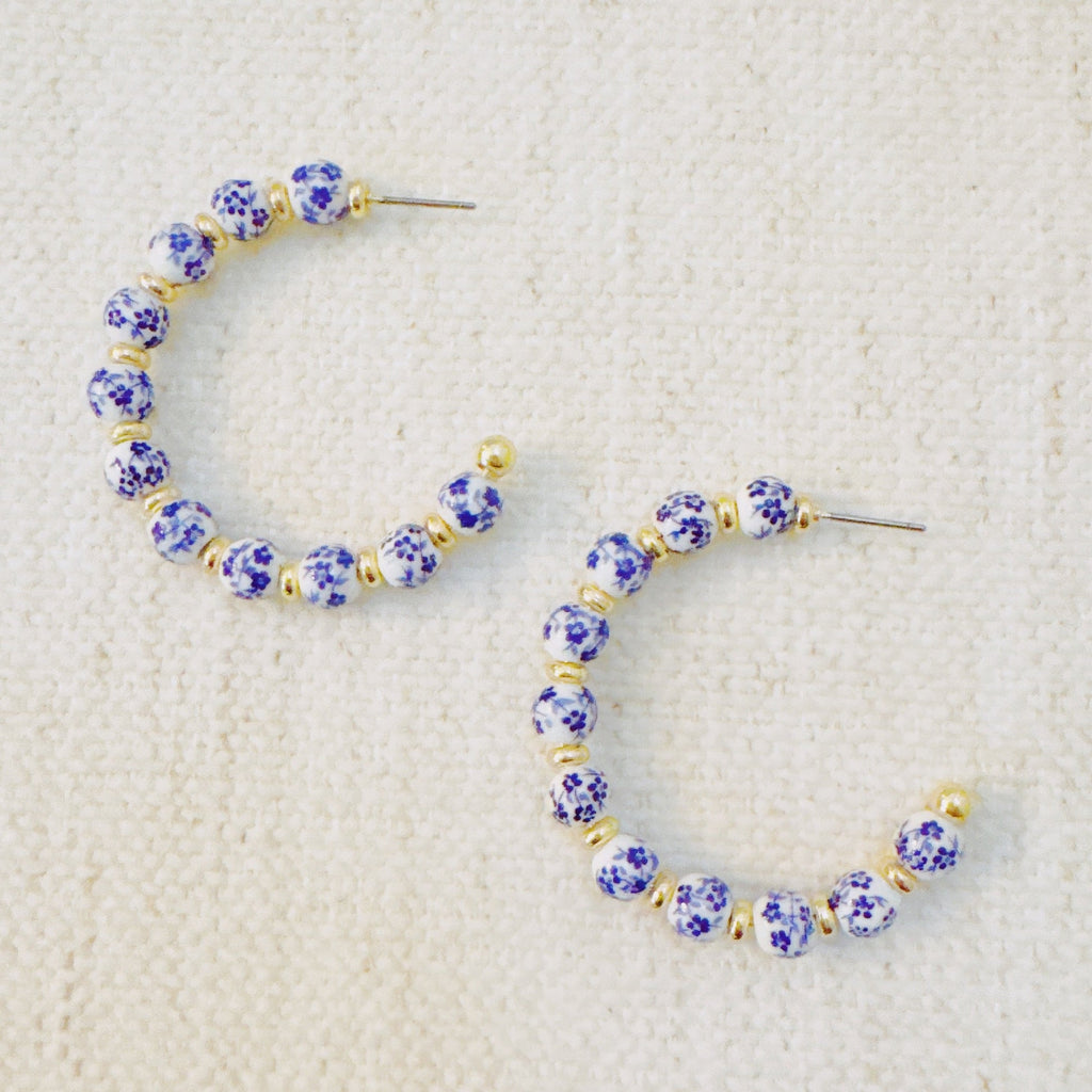 Blue Bloom Floral Hoop Earrings – Elegant Hoops with Soft Blue Flower Accents