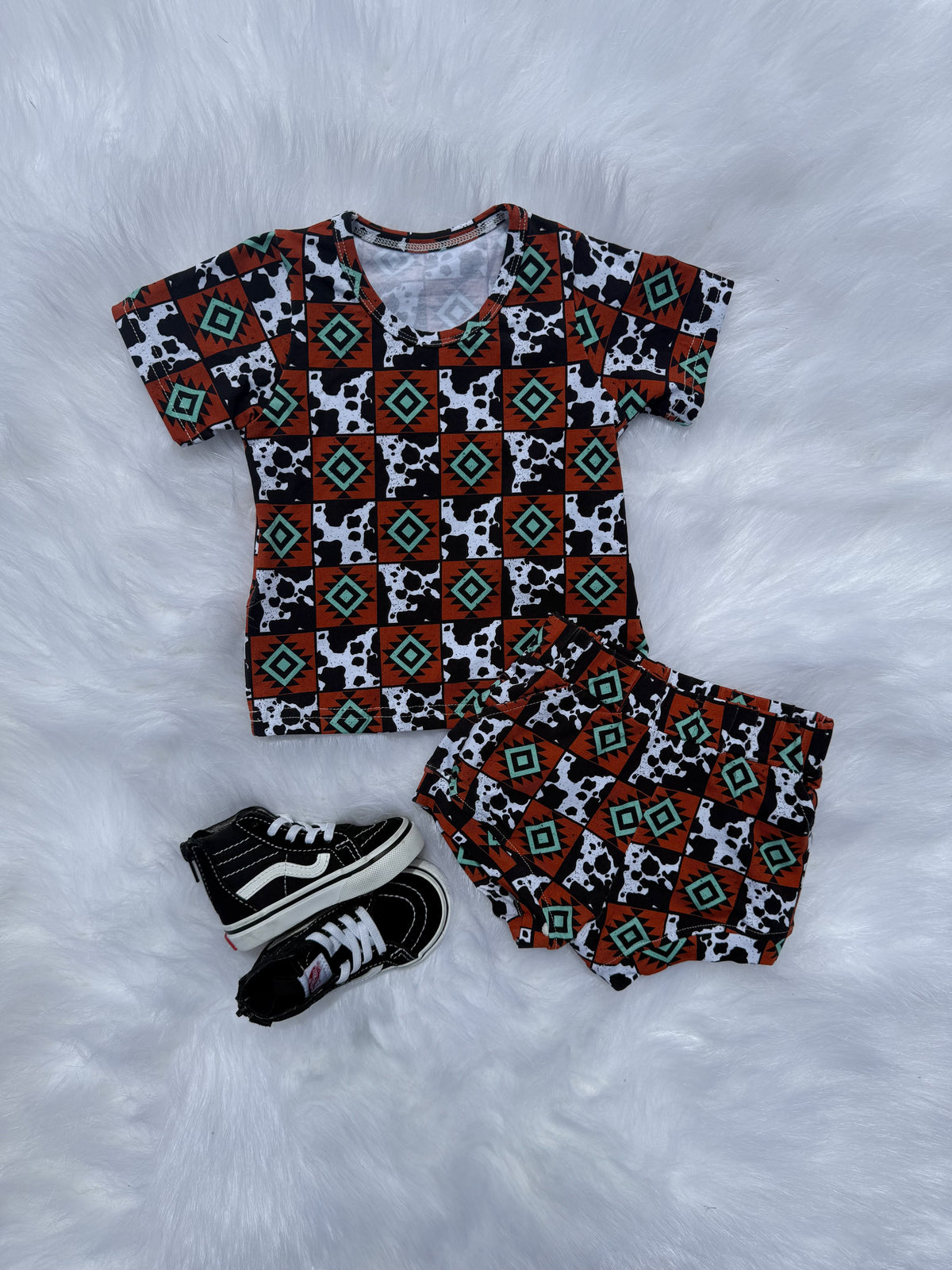 2T Cow & Aztec Checkered Short Set (FINAL SALE)