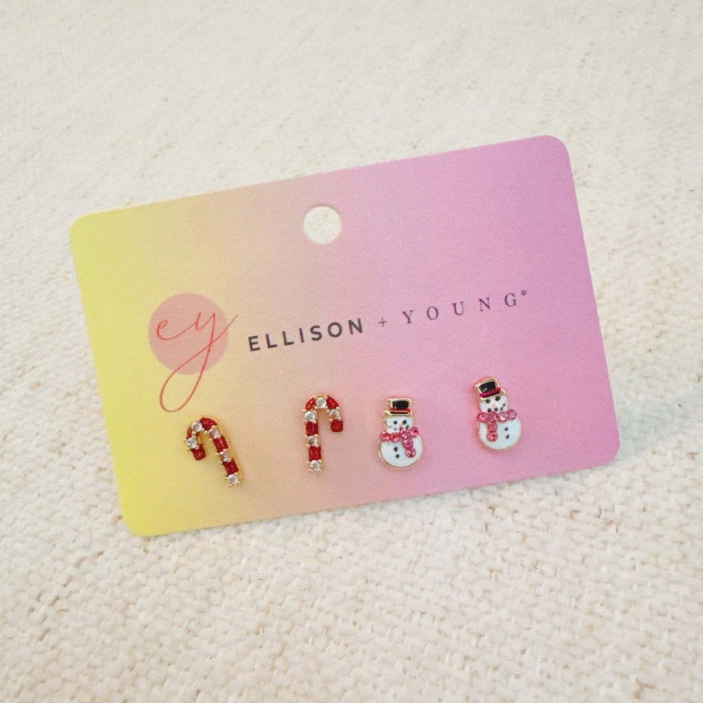 Candy Cane & Snowman Stud Earring Set Of 2 - Holiday Sparkle