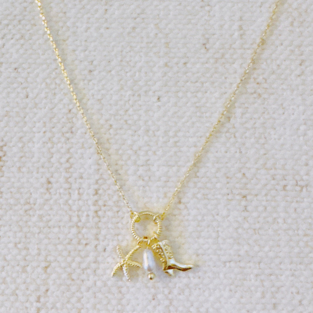 Coastal Cowgirl Necklace – Gold-Tone Chain with Starfish and Western Boot Charms