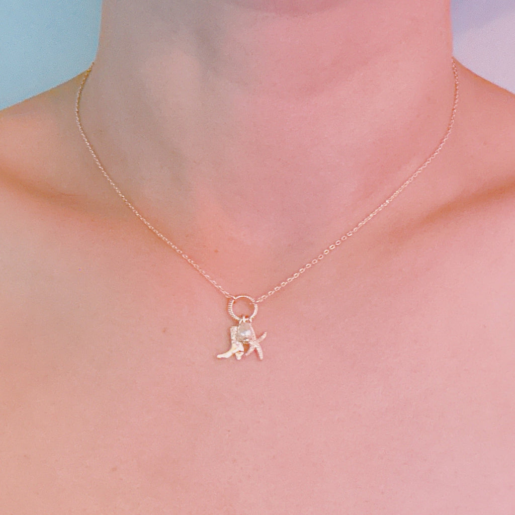 Coastal Cowgirl Necklace – Gold-Tone Chain with Starfish and Western Boot Charms