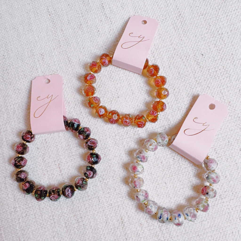 Vintage Rose Glass Bead Stretch Bracelet – Elegant, Stackable & Versatile