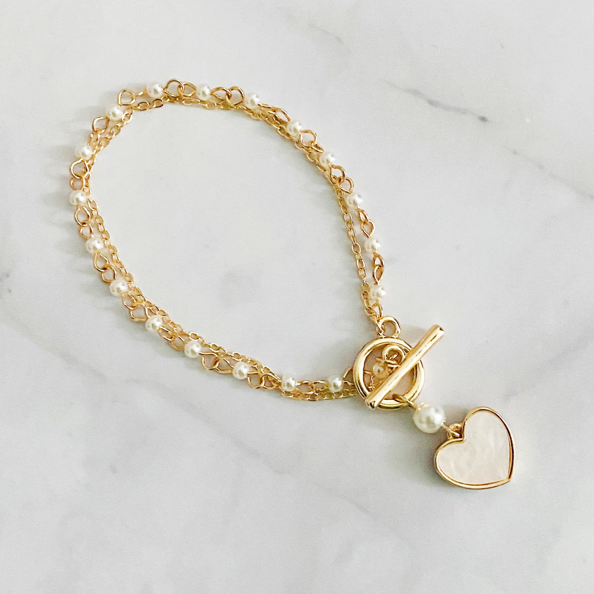 Layered Pearl Chain Heart Bracelet